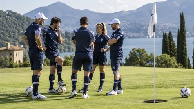 FootGolf club players discussing strategy beside a hole on a lakeside course.